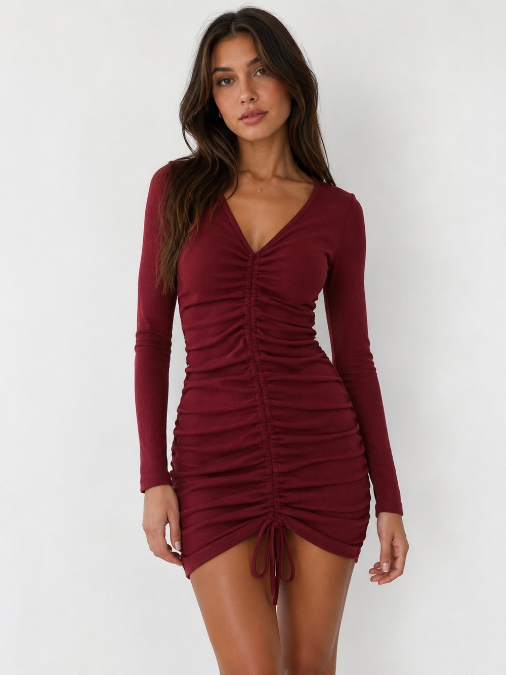 Ruched Long Sleeve V-Neck Mini Dress - Burgundy